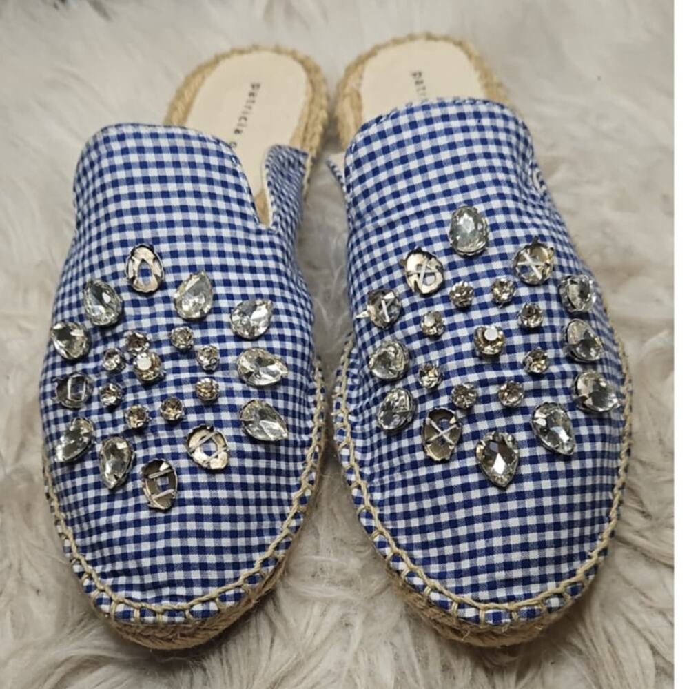 Patricia Green Gingham Glam Jewel Crystal Slip-On Mule Espadrilles in Blue - Picture 5 of 6